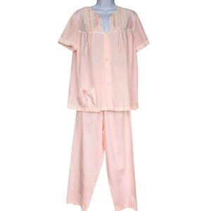 Vintage Komar Womens M Pajama Set Pink White Lace Short Sleeve Top Bottom